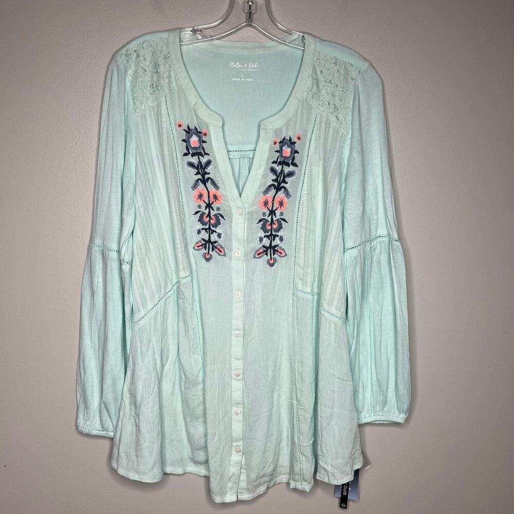 NWT Flutter & Kick Maternity Top Floral Embroidered Lightweight Button Down Boho